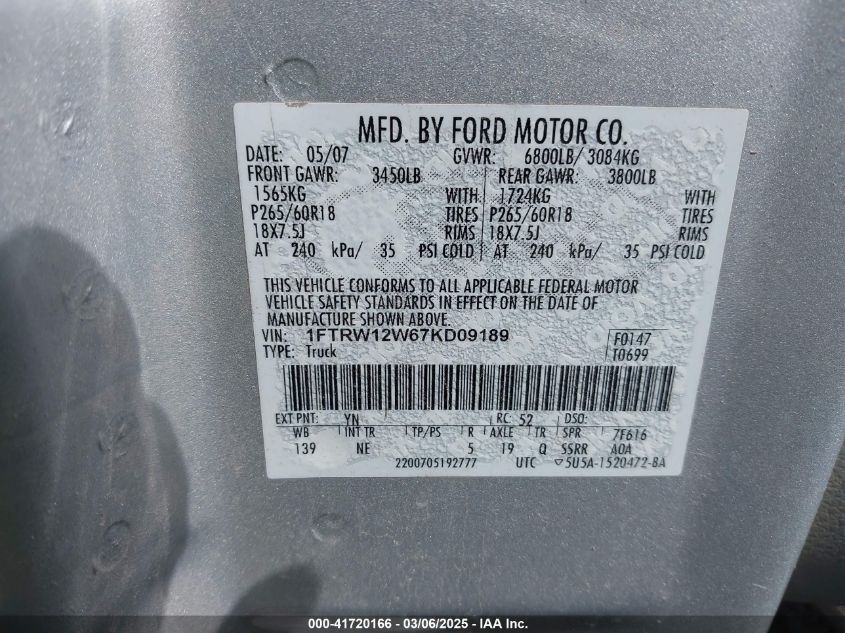 2007 Ford F-150 Xlt VIN: 1FTRW12W67KD09189 Lot: 41720166