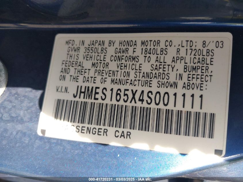 2004 Honda Civic Lx VIN: JHMES165X4S001111 Lot: 41720231