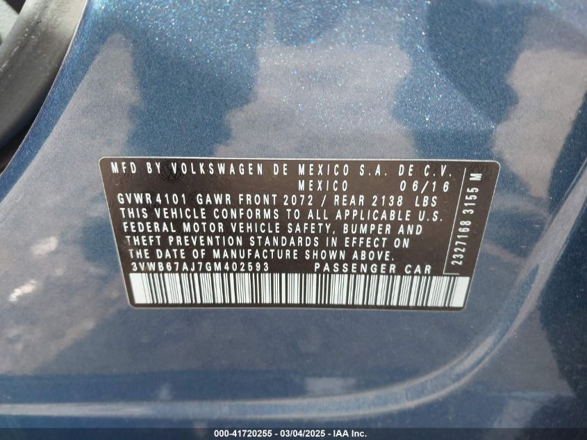 2016 Volkswagen Jetta 1.4T Se VIN: 3VWB67AJ7GM402593 Lot: 41720255