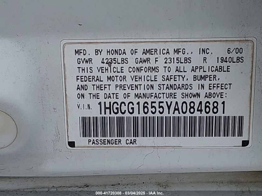 2000 Honda Accord 3.0 Ex VIN: 1HGCG1655YA084681 Lot: 41720308