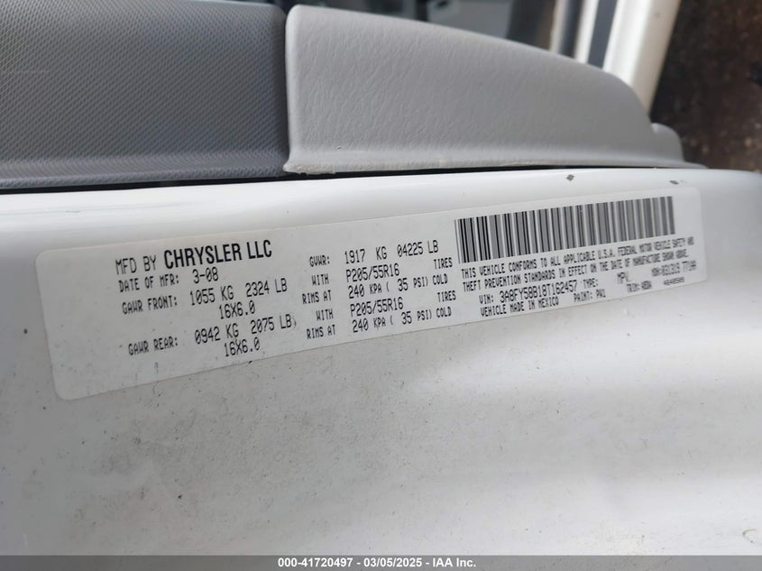2008 CHRYSLER PT CRUISER VIN: 3A8FY58B18T162457