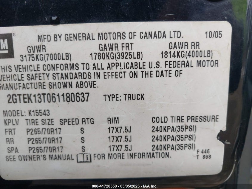 2006 GMC SIERRA 1500 VIN: 2GTEK13T061180637