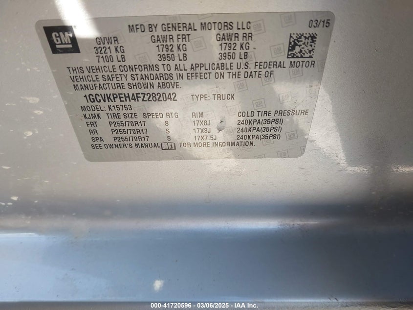 2015 CHEVROLET SILVERADO 1500 VIN: 1GCVKPEH4FZ282042