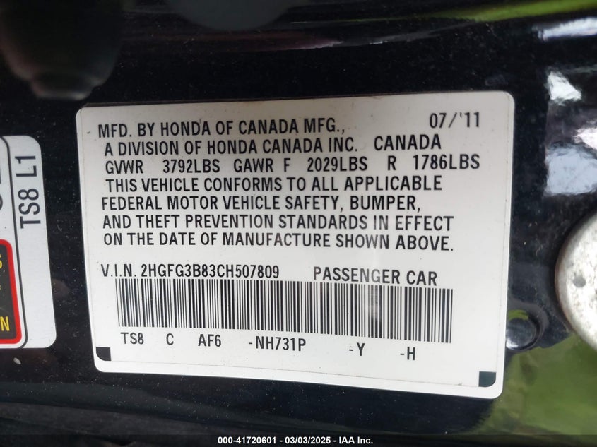 2012 Honda Civic Ex VIN: 2HGFG3B83CH507809 Lot: 41720601