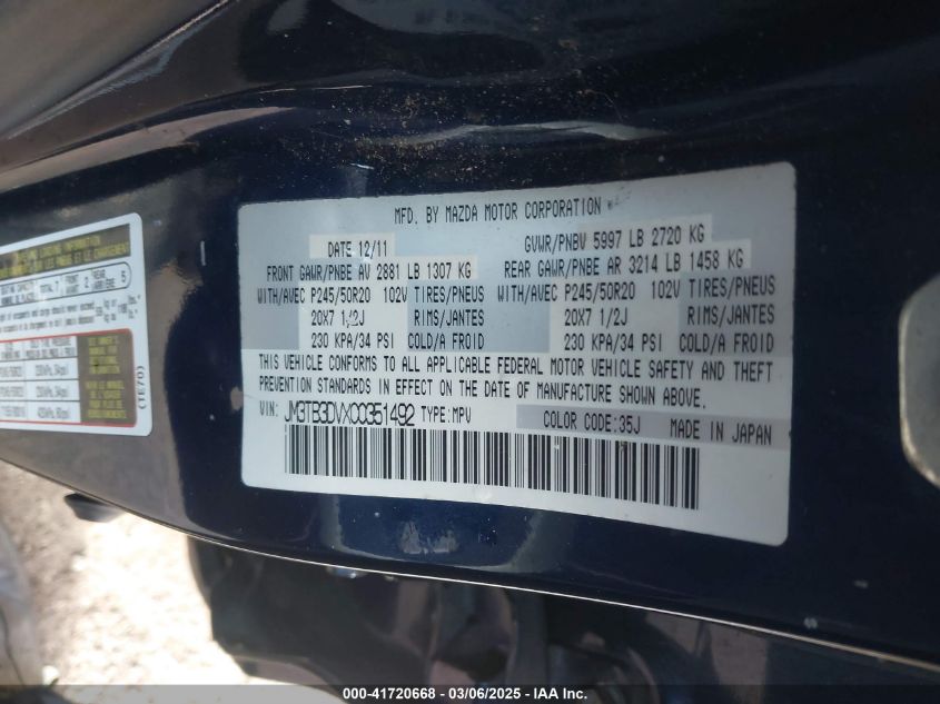 2012 Mazda Cx-9 Grand Touring VIN: JM3TB3DVXC0351492 Lot: 41720668