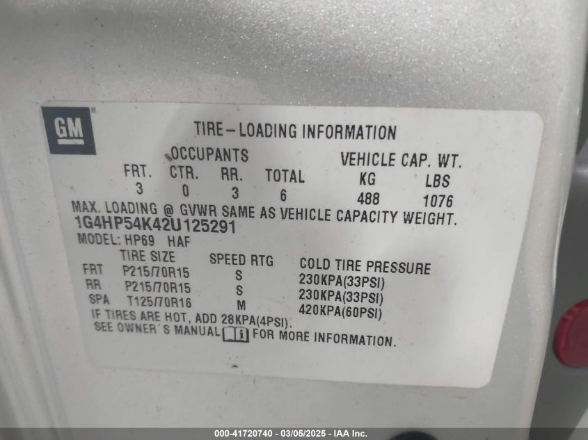 2002 Buick Lesabre Custom VIN: 1G4HP54K42U125291 Lot: 41720740