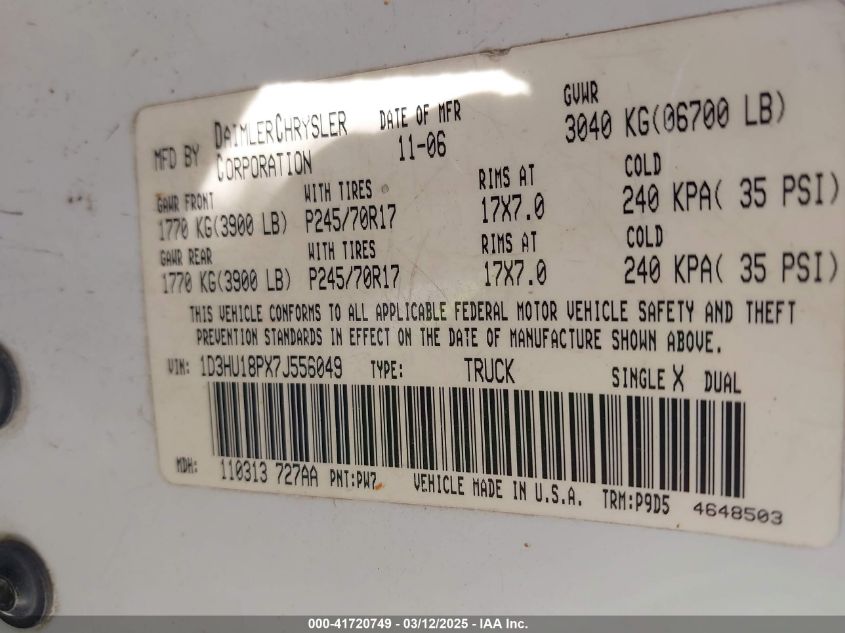 2007 Dodge Ram 1500 St VIN: 1D3HU18PX7J556049 Lot: 41720749