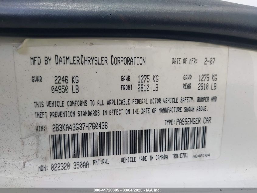 2007 Dodge Charger VIN: 2B3KA43G378760436 Lot: 41720805