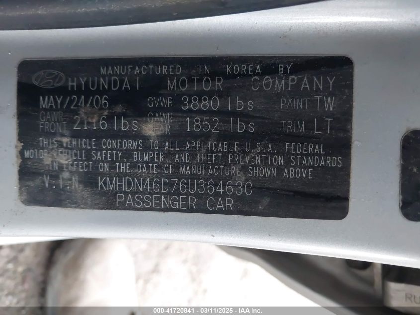 2006 Hyundai Elantra Gls/Limited VIN: KMHDN46D76U364630 Lot: 41720841