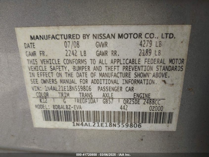 2008 Nissan Altima 2.5 S VIN: 1N4AL21E18N559806 Lot: 41720858