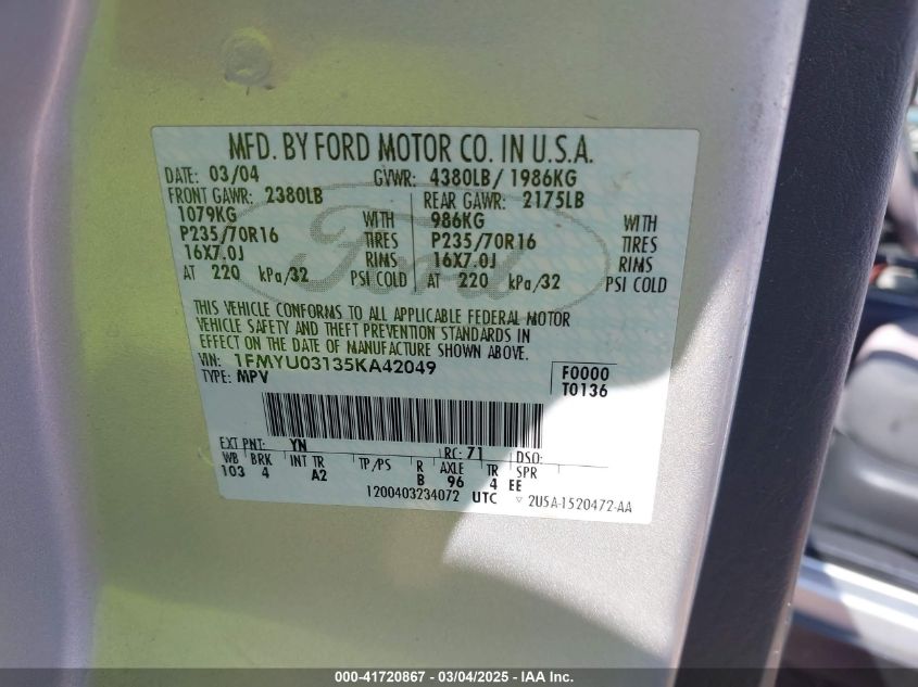 2005 Ford Escape Xlt VIN: 1FMYU03135KA42049 Lot: 41720867