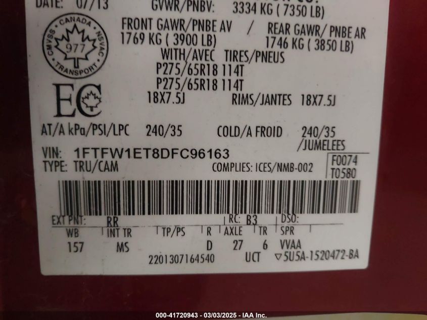 2013 Ford F-150 Xlt VIN: 1FTFW1ET8DFC96163 Lot: 41720943