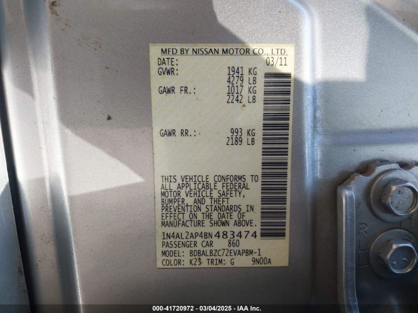 2011 Nissan Altima 2.5 S VIN: 1N4AL2AP4BN483474 Lot: 41720972