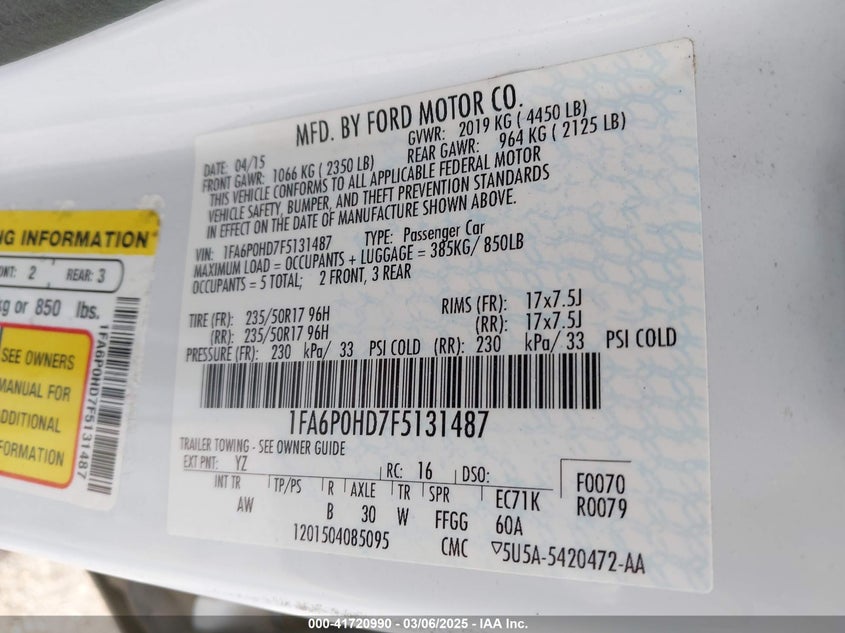 2015 FORD FUSION VIN: 1FA6P0HD7F5131487