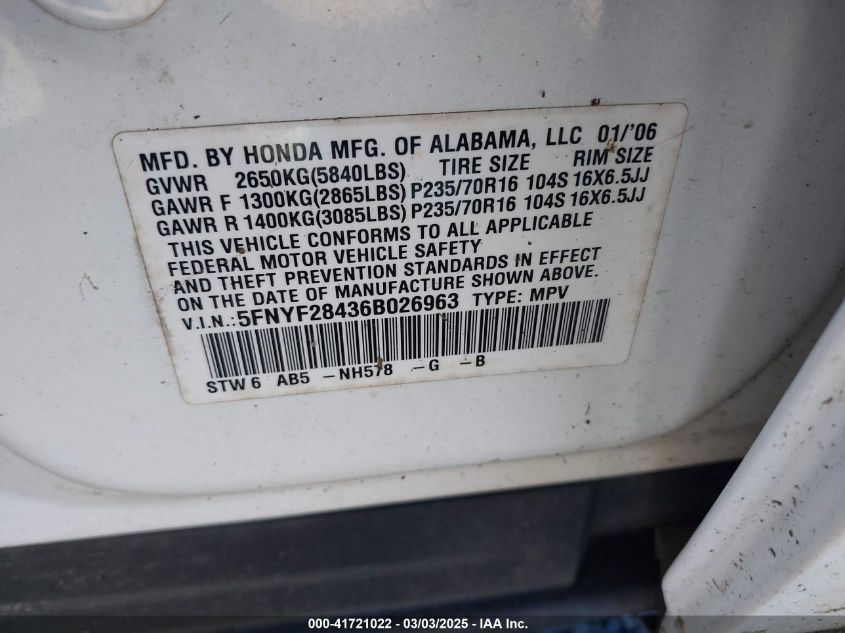 2006 Honda Pilot Ex VIN: 5FNYF28436B026963 Lot: 41721022