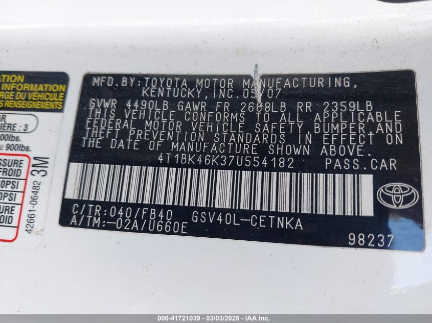 2007 Toyota Camry Le V6 VIN: 4T1BK46K37U554182 Lot: 41721039