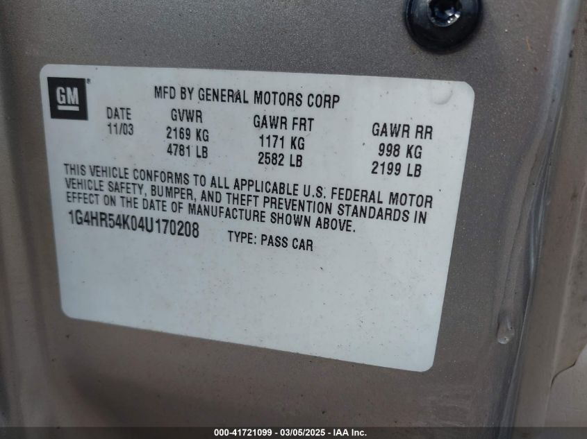 2004 Buick Lesabre Limited VIN: 1G4HR54K04U170208 Lot: 41721099