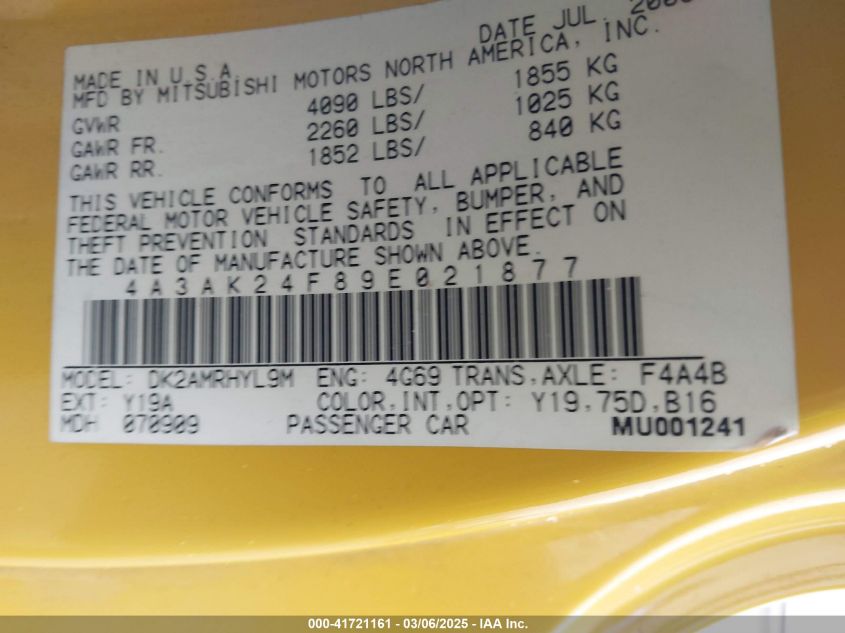 2009 Mitsubishi Eclipse Gs VIN: 4A3AK24F89E021877 Lot: 41721161