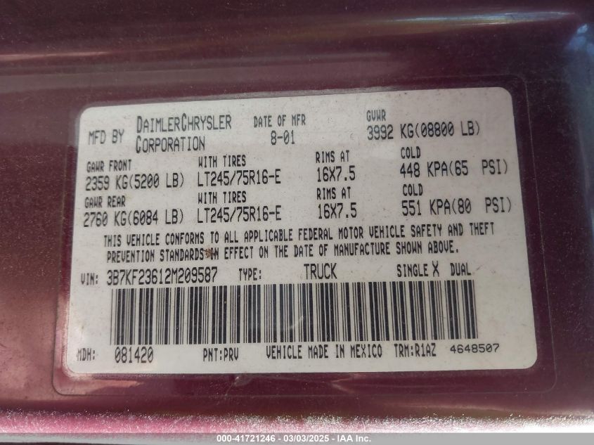 2002 Dodge Ram 2500 St VIN: 3B7KF23612M209587 Lot: 41721246