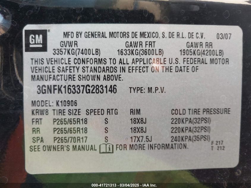 2007 Chevrolet Suburban 1500 Lt VIN: 3GNFK16337G283146 Lot: 41721313