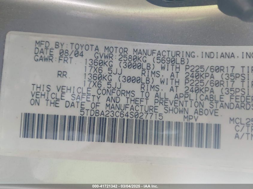 2004 Toyota Sienna Le VIN: 5TDBA23C64S027715 Lot: 41721342