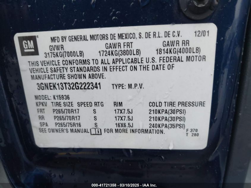 2002 Chevrolet Avalanche 1500 VIN: 3GNEK13T32G222341 Lot: 41721358