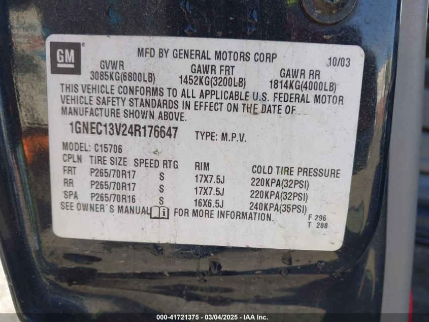 2004 Chevrolet Tahoe Ls VIN: 1GNEC13V24R176647 Lot: 41721375