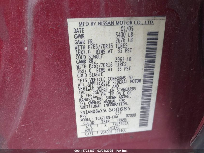 2005 Nissan Xterra S VIN: 5N1AN08WX5C600685 Lot: 41721387