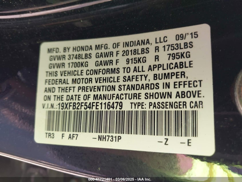 2015 HONDA CIVIC LX - 19XFB2F54FE116479