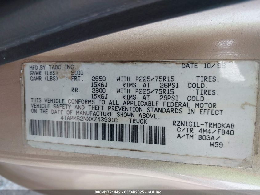 1999 Toyota Tacoma VIN: 4TAPM62NXXZ439318 Lot: 41721442