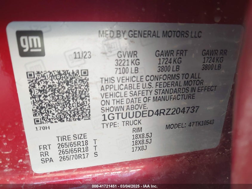 2024 GMC SIERRA VIN: 1GTUUDED4RZ204737