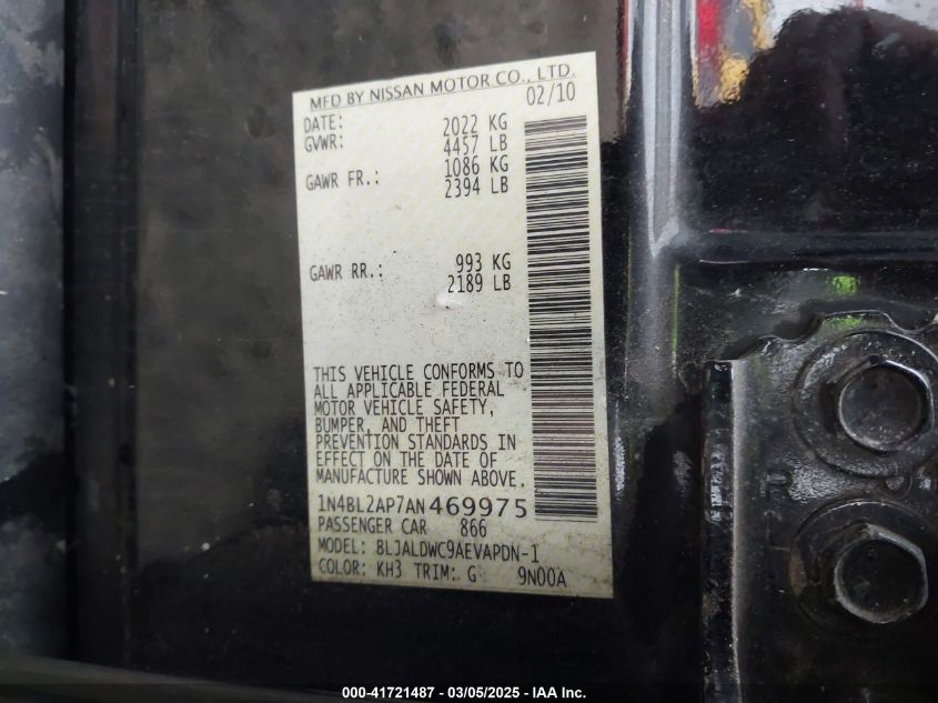 2010 Nissan Altima 3.5 Sr VIN: 1N4BL2AP7AN469975 Lot: 41721487