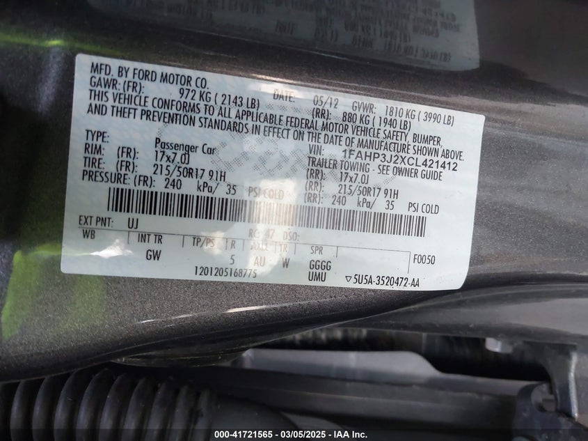 2012 FORD FOCUS VIN: 1FAHP3J2XCL421412