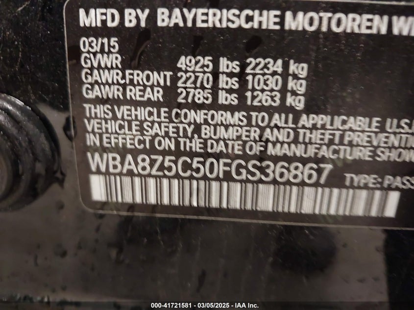 2015 BMW 328I Gran Turismo xDrive VIN: WBA8Z5C50FGS36867 Lot: 41721581