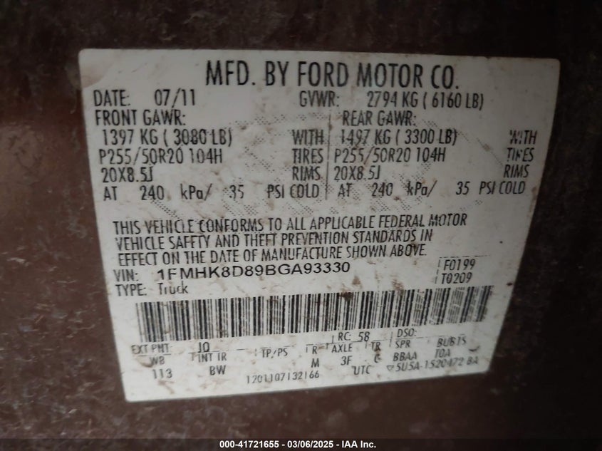 2011 FORD EXPLORER VIN: 1FMHK8D89BGA93330
