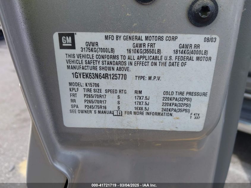2004 Cadillac Escalade Standard VIN: 1GYEK63N64R125770 Lot: 41721719