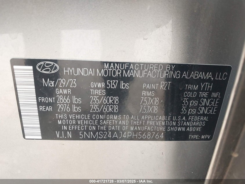 2023 HYUNDAI SANTA FE VIN: 5NMS24AJ4PH568764