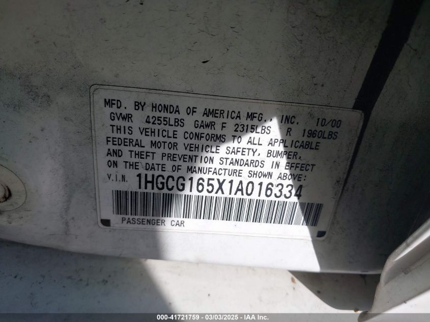 2001 Honda Accord 3.0 Ex VIN: 1HGCG165X1A016334 Lot: 41721759