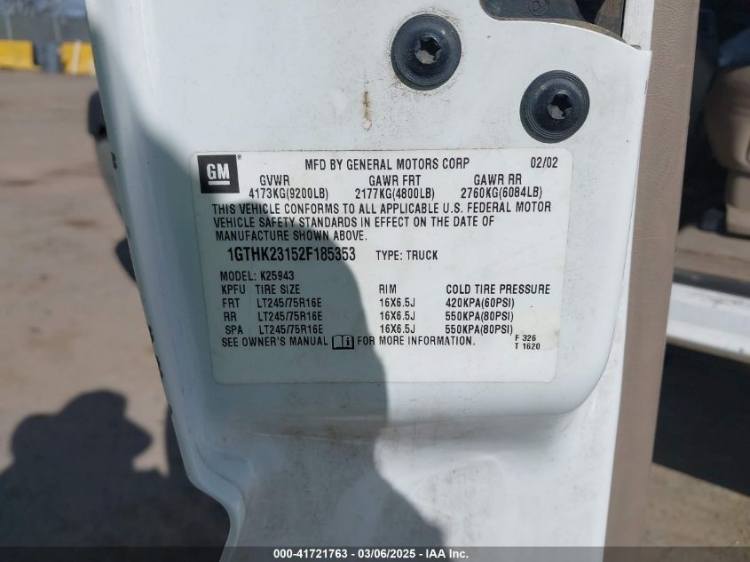 2002 GMC Sierra 2500Hd Sle VIN: 1GTHK23152F185353 Lot: 41721763