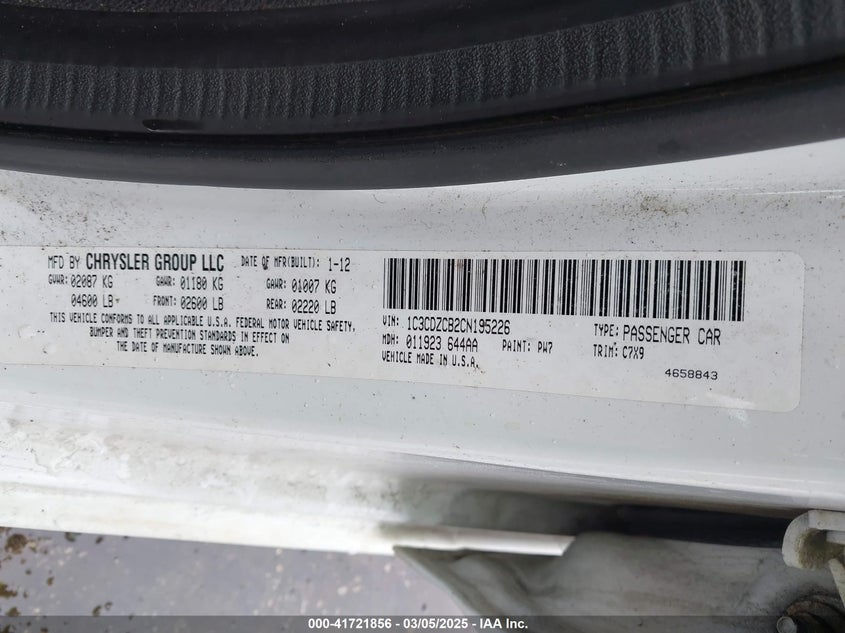 2012 DODGE AVENGER VIN: 1C3CDZCB2CN195226