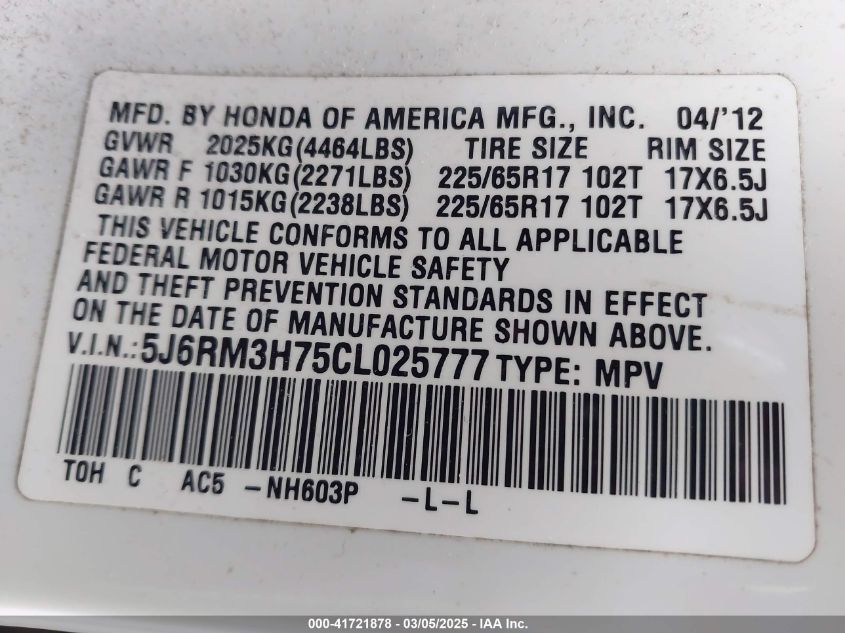 2012 Honda Cr-V Ex-L VIN: 5J6RM3H75CL025777 Lot: 41721878