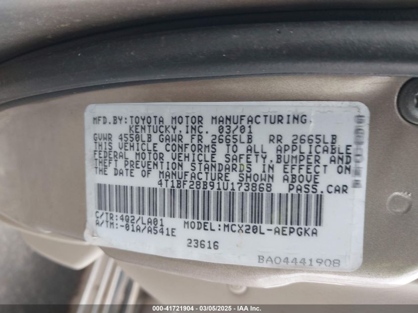 2001 Toyota Avalon VIN: 4T1BF28891U173868 Lot: 41721904