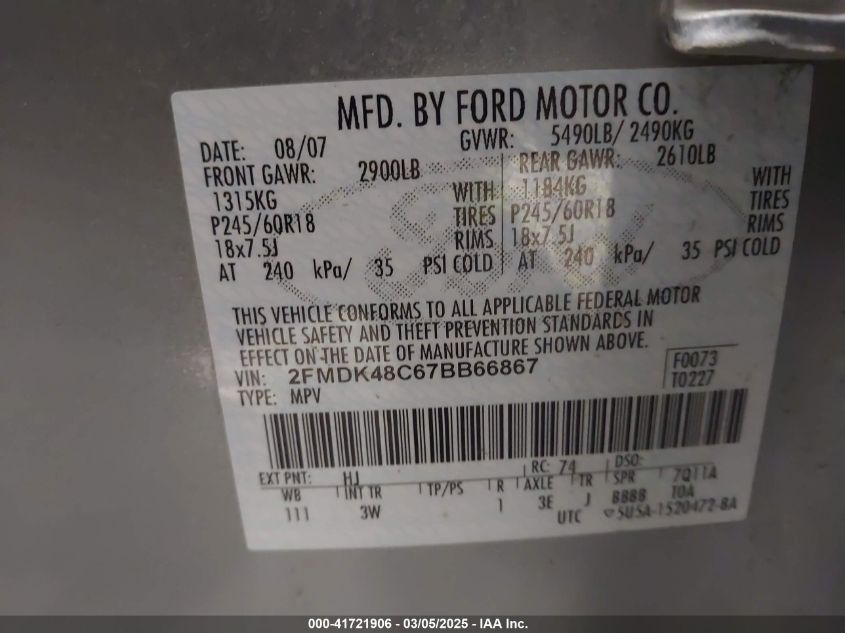 2007 Ford Edge Sel VIN: 2FMDK48C67BB66867 Lot: 41721906