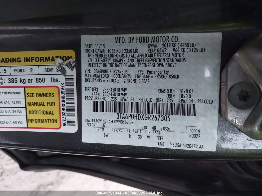 2016 FORD FUSION VIN: 3FA6P0HDXGR267305
