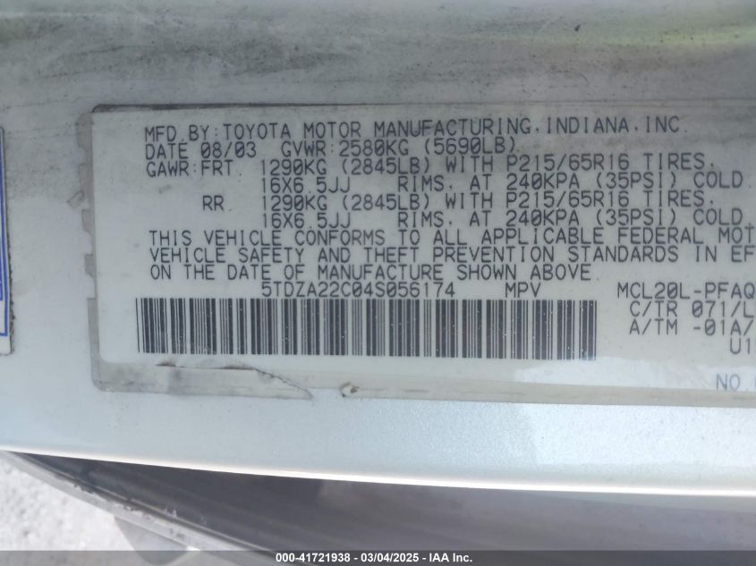 2004 Toyota Sienna VIN: 5TDZA22C04F056174 Lot: 41721938