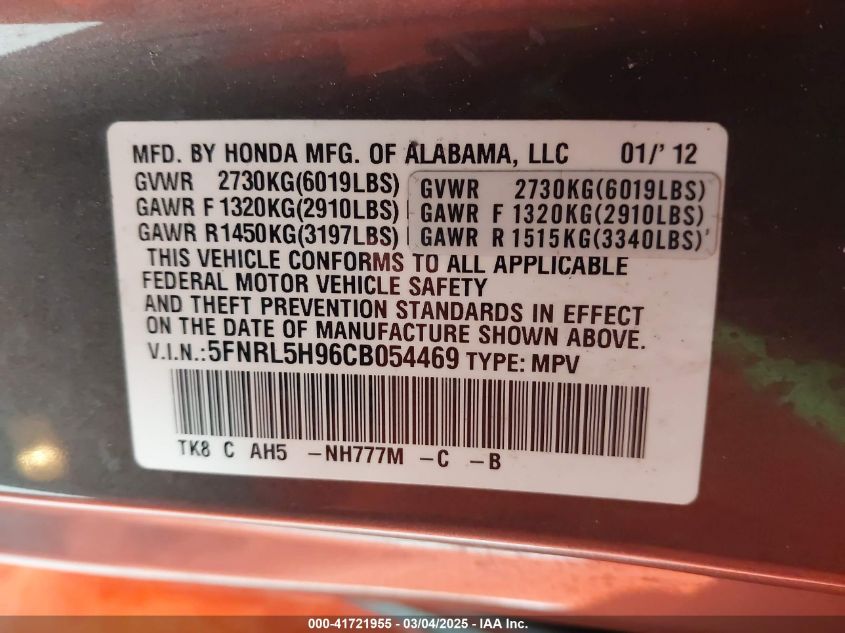 2012 Honda Odyssey Touring/Touring Elite VIN: 5FNRL5H96CB054469 Lot: 41721955