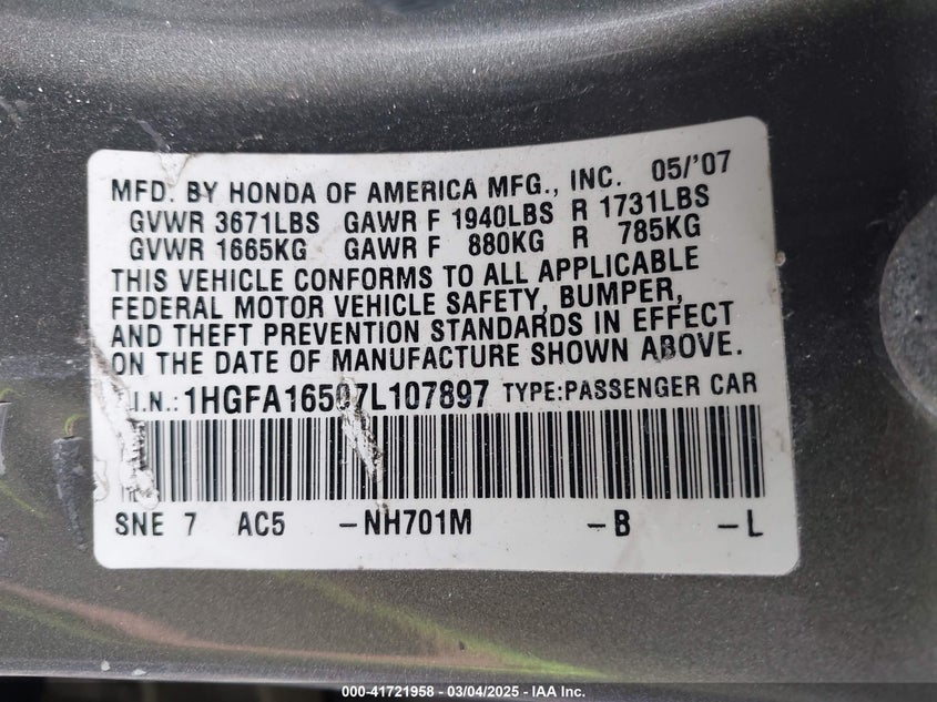 2007 HONDA CIVIC VIN: 1HGFA16507L107897