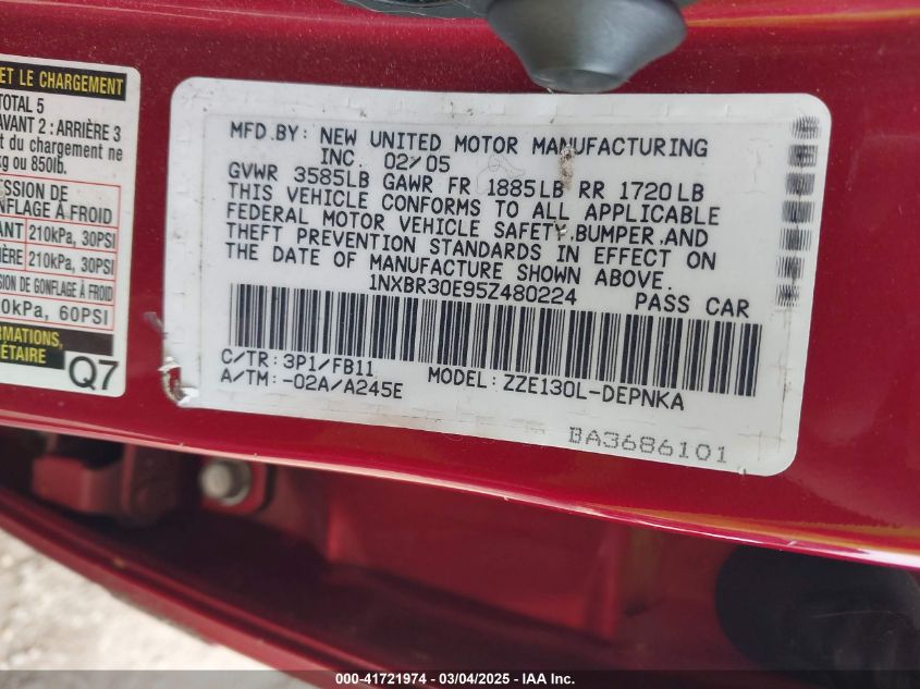 2005 Toyota Corolla Le VIN: 1NXBR30E95Z480224 Lot: 41721974