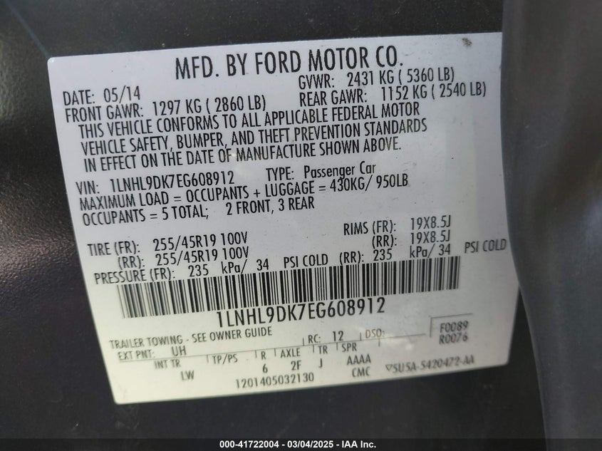 2014 LINCOLN MKS VIN: 1LNHL9DK7EG608912