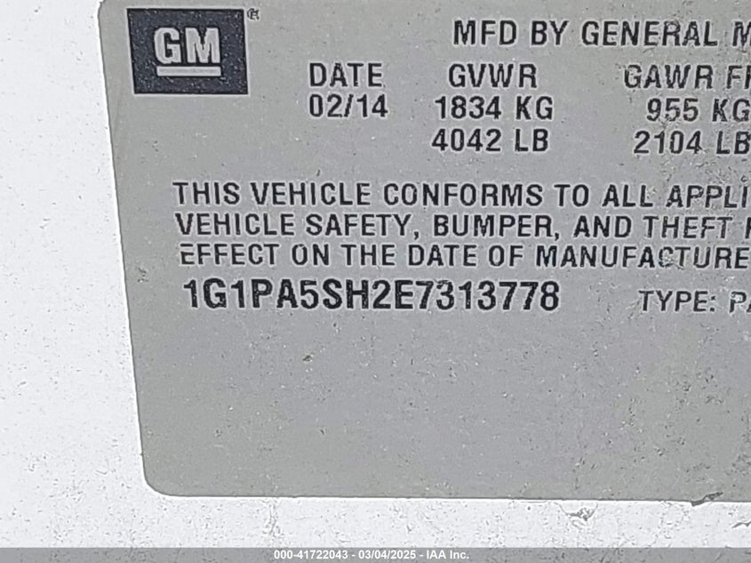 2014 Chevrolet Cruze Ls Auto VIN: 1G1PA5SH2E7313778 Lot: 41722043